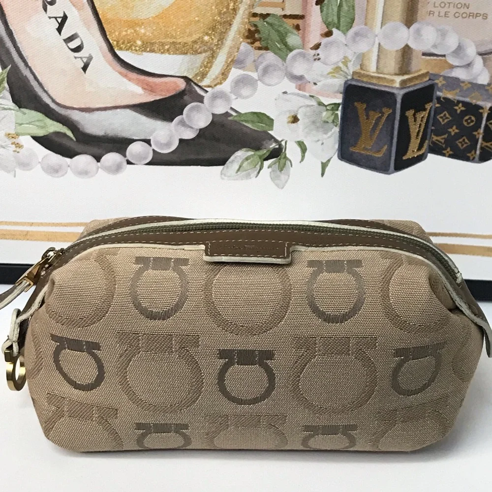 Salvatore Ferragamo Gancini Canvas/Leather Cosmetic Pouch Bag 😍